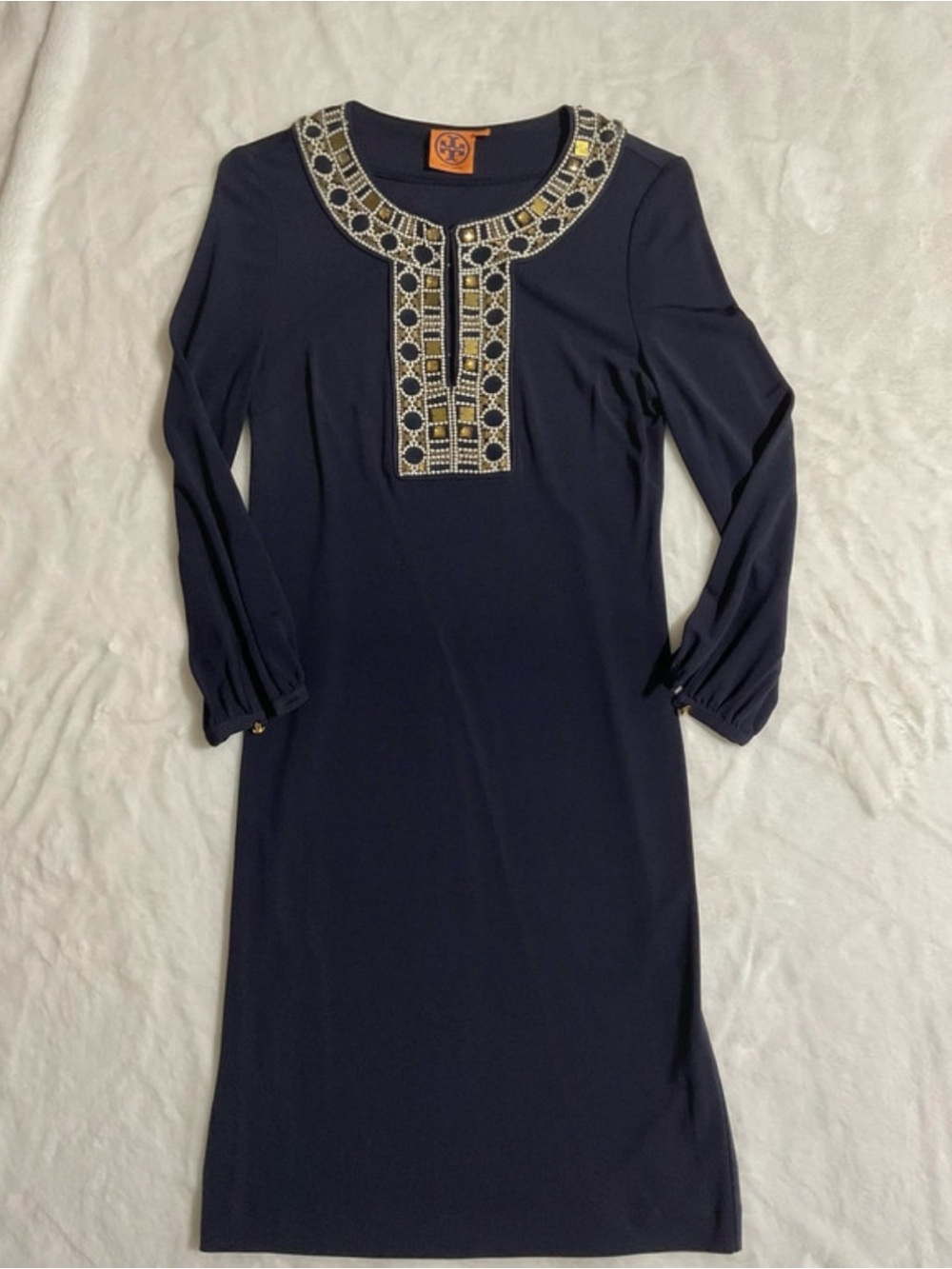 Tory Burch Navy Long-Sleeve Shift Dress with Gold-Cream Embellished Yoke- kaftan